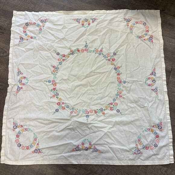 Vtg 50s Square Tablecloth Colorful Rainbow Embroidered Flowers Dainty Demure  40 - Picture 1 of 8